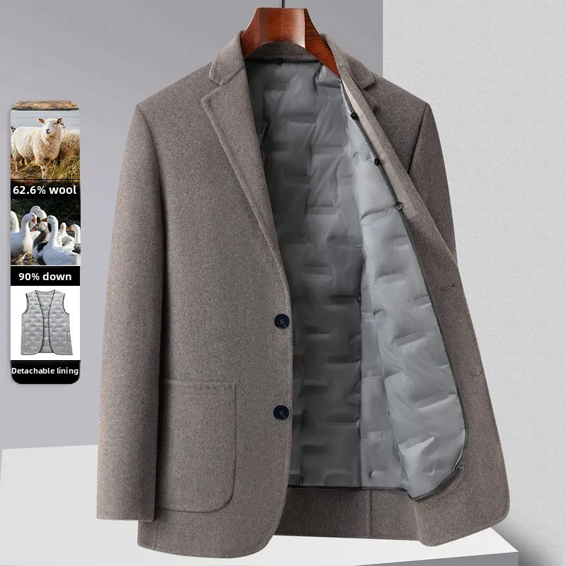 

Thiened Wool Blend Suit Winter Faion Urban Sle Removable down Inner Coat Youth Outerwear Warm Flap Collar Regular Fit