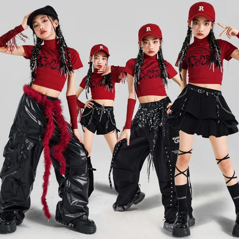 

Cool Jazz Performance Dance Suit Girl Summer Kpop Stage Costume Red Top Black Skirt Hip Hop Pants Children Street Dancewear 1852