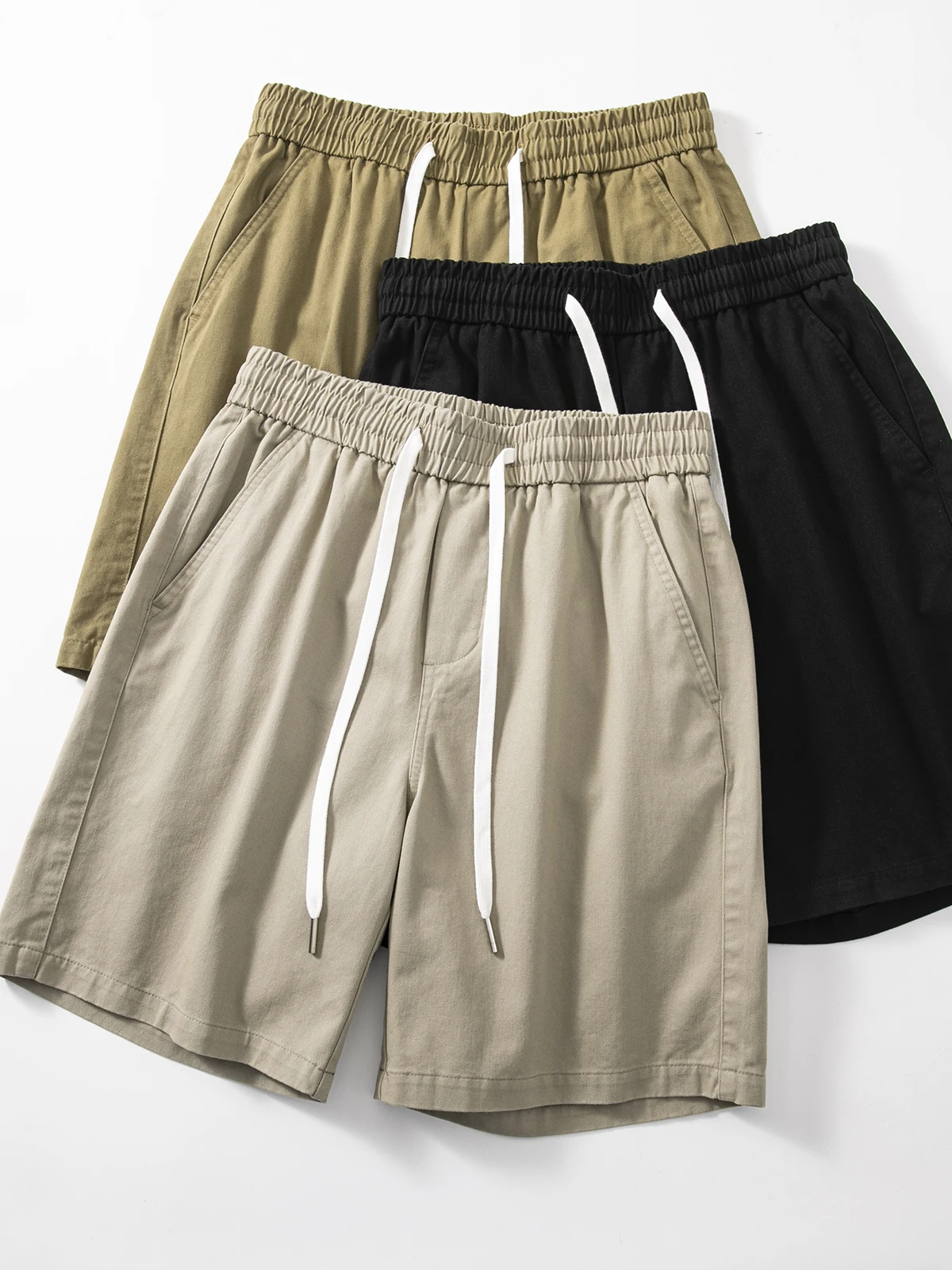 

Летние мужские повседневные хлопковые брюки с завязками и эластичной резинкой на талии, прямые брюки с несколькими карманами, модные американские пятиточечные брюки