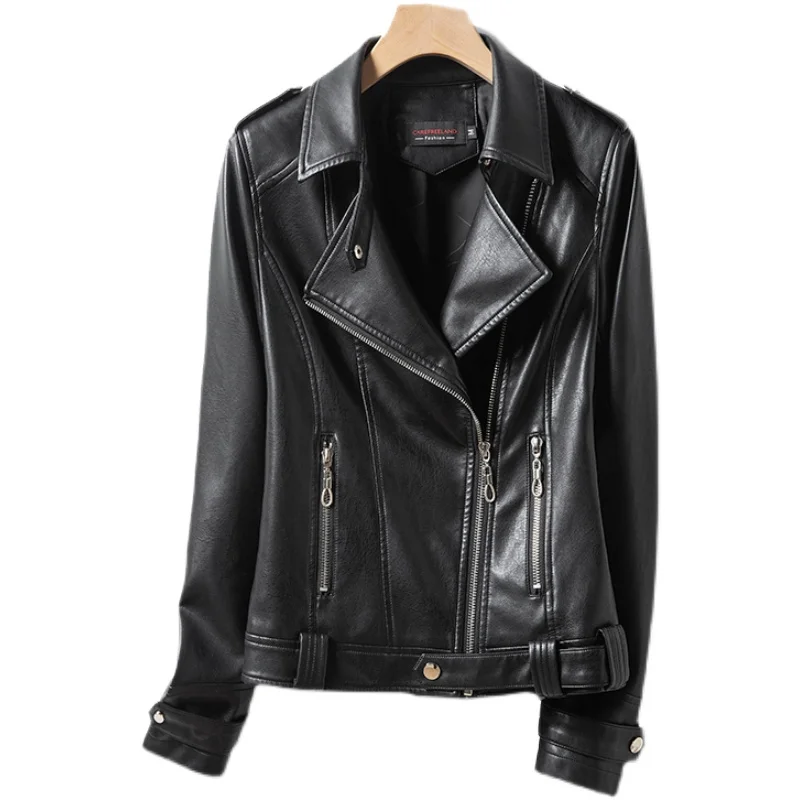 2025 New Women's ort Fit Leather Jaet Genuine eepskin Korean Sle Slimming Large Size Zipper Closure Commute Sle