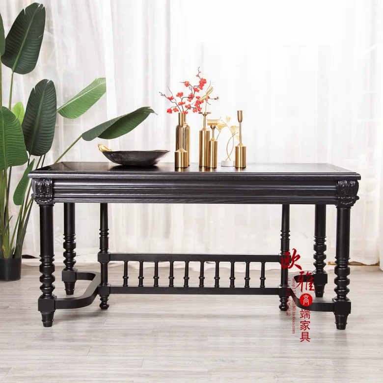 Oak dining table Light luxury Roman column dining table French solid wood black desk