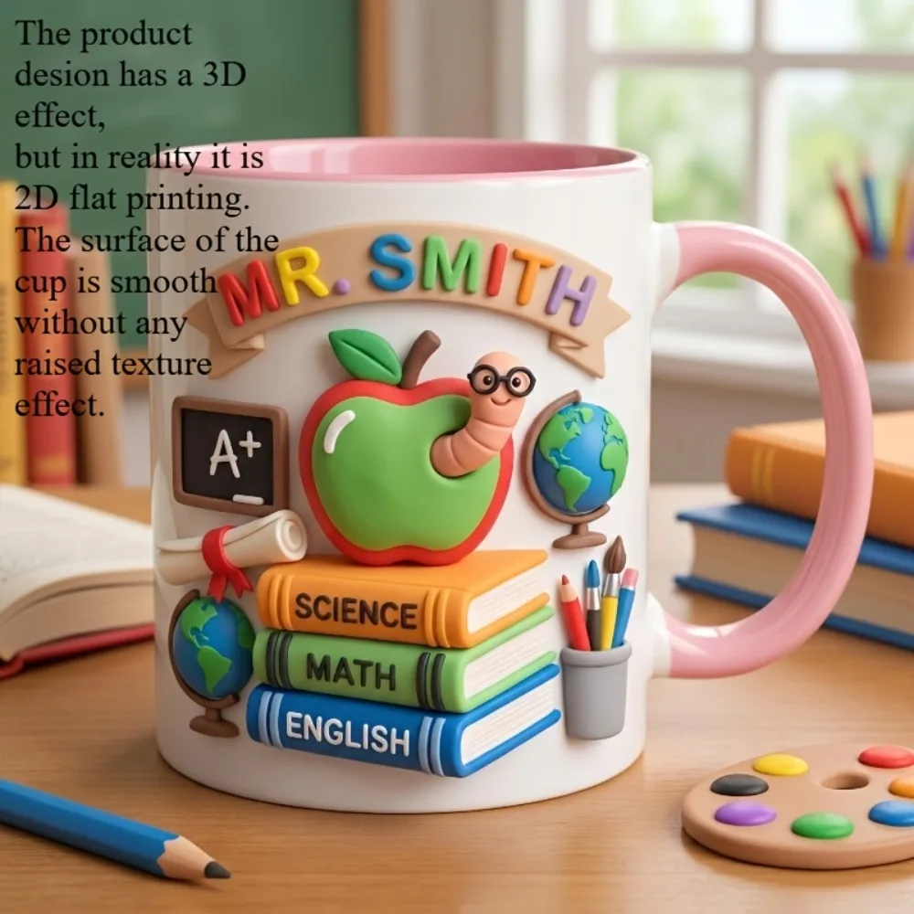 Personalized Teacher Thank You Mug 2D Print Apple Book Design Custom Name Ceramic Cup Gift for Back To School