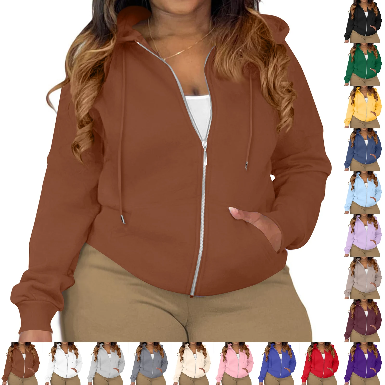 حجم كبير المرأة مقنعين سترة الخريف سستة مقنعين طويلة الأكمام بلون سترة جاكيتات الإناث الشارع معطف قصير غير رسمي