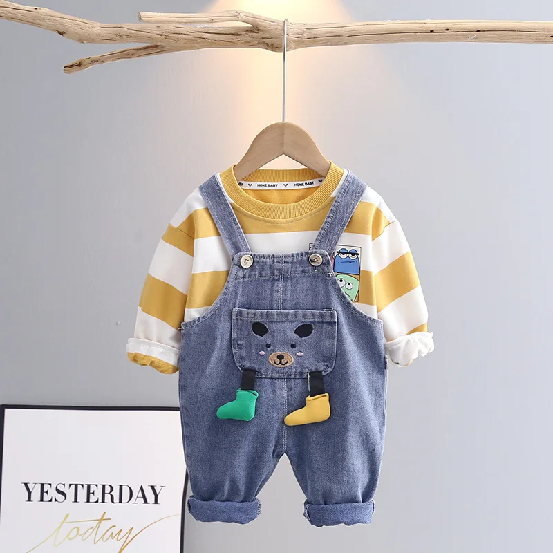 Baby Boy Designer Clothes Christmas Outfits for Kids Cartoon Striped Long Sleeved T-shirts Tops + Denim Overalls Boys Tracksuits