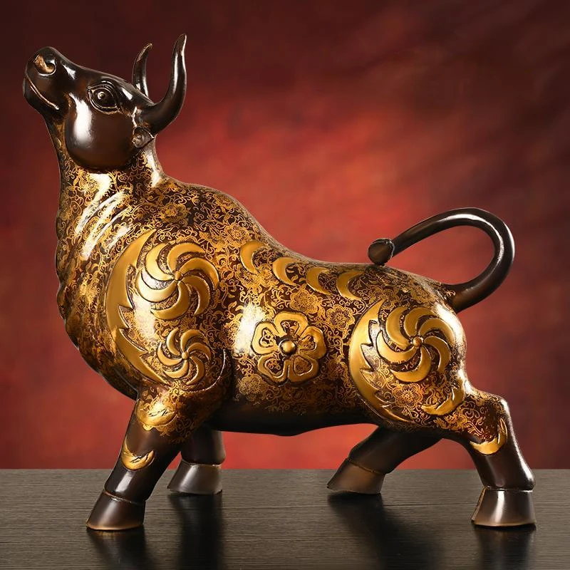 Pure Copper Feng Shui Animal Cow Ornament Painted Home Office Desktop Decorations Cow Power Miniatures