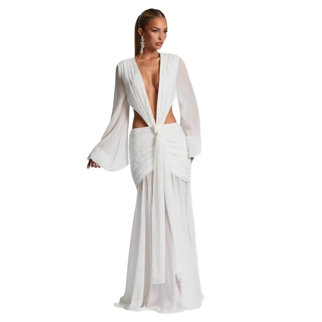 2025 Vestido de gasa para mujer con mangas transparentes, Vestido largo de manga larga calado de Color sólido a la moda sin espalda Sexy Vestido de mujer