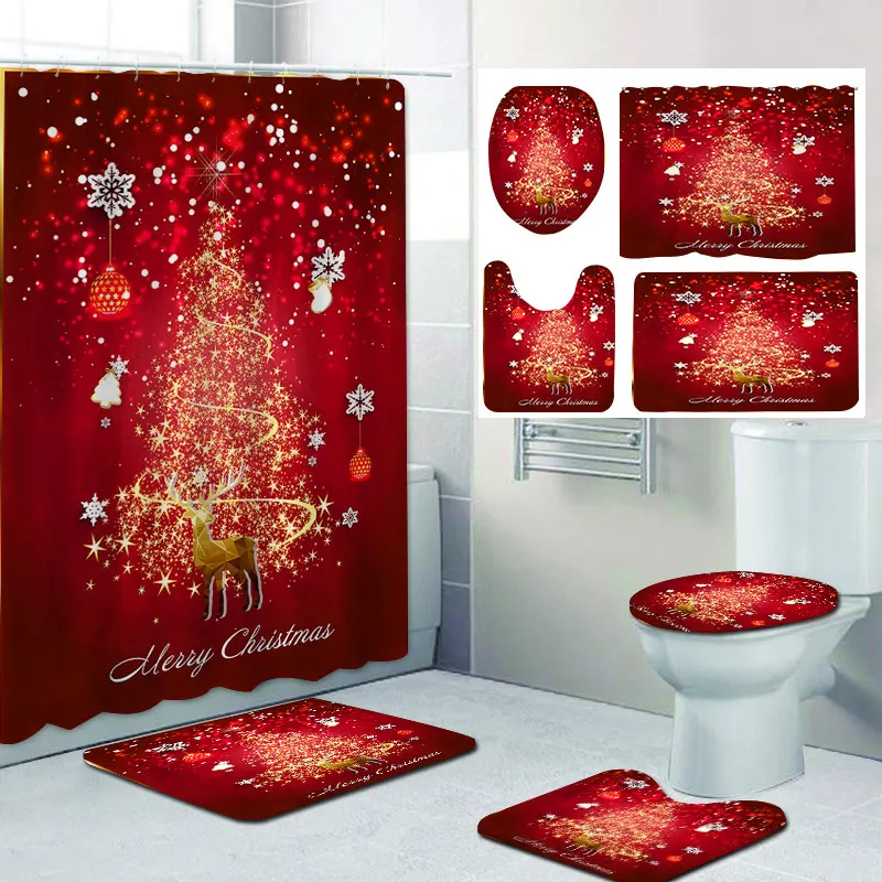 

Christmas Bathroom Shower Curtain Bath Sets Waterproof Non-Slip Bathroom Rug, Toilet U With 12 Hooks Home Deco Free Ship