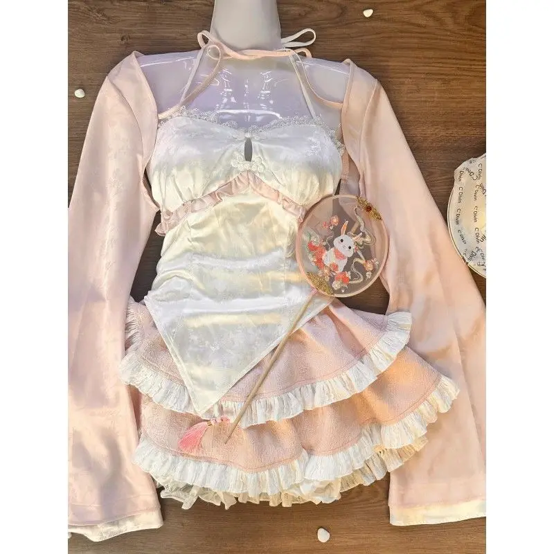 New Chinese Style Dress Pure Desire Girl Small Fresh Pink Cardigan Jacket Irregular Suspender Vest High Waisted Cake Skirt Set