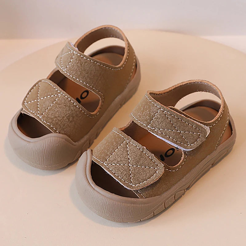 Sandalias de verano de cuero PU para niños, zapatos de playa Vintage para exteriores, sandalias ergonómicas de suela blanda para bebés y niñas