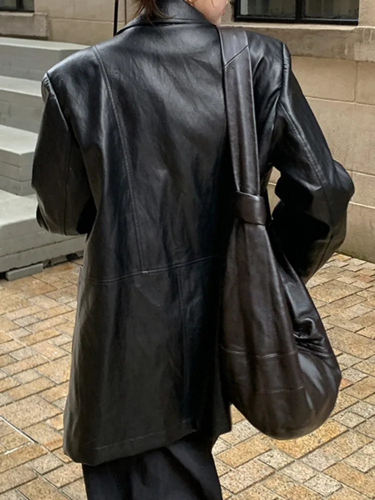 ZMEENNA Women's Vintage Faux Leather Blazer Jacket Brown Lapel Collar Outerwear Button Down Oversized Coat For Fall ZM3759