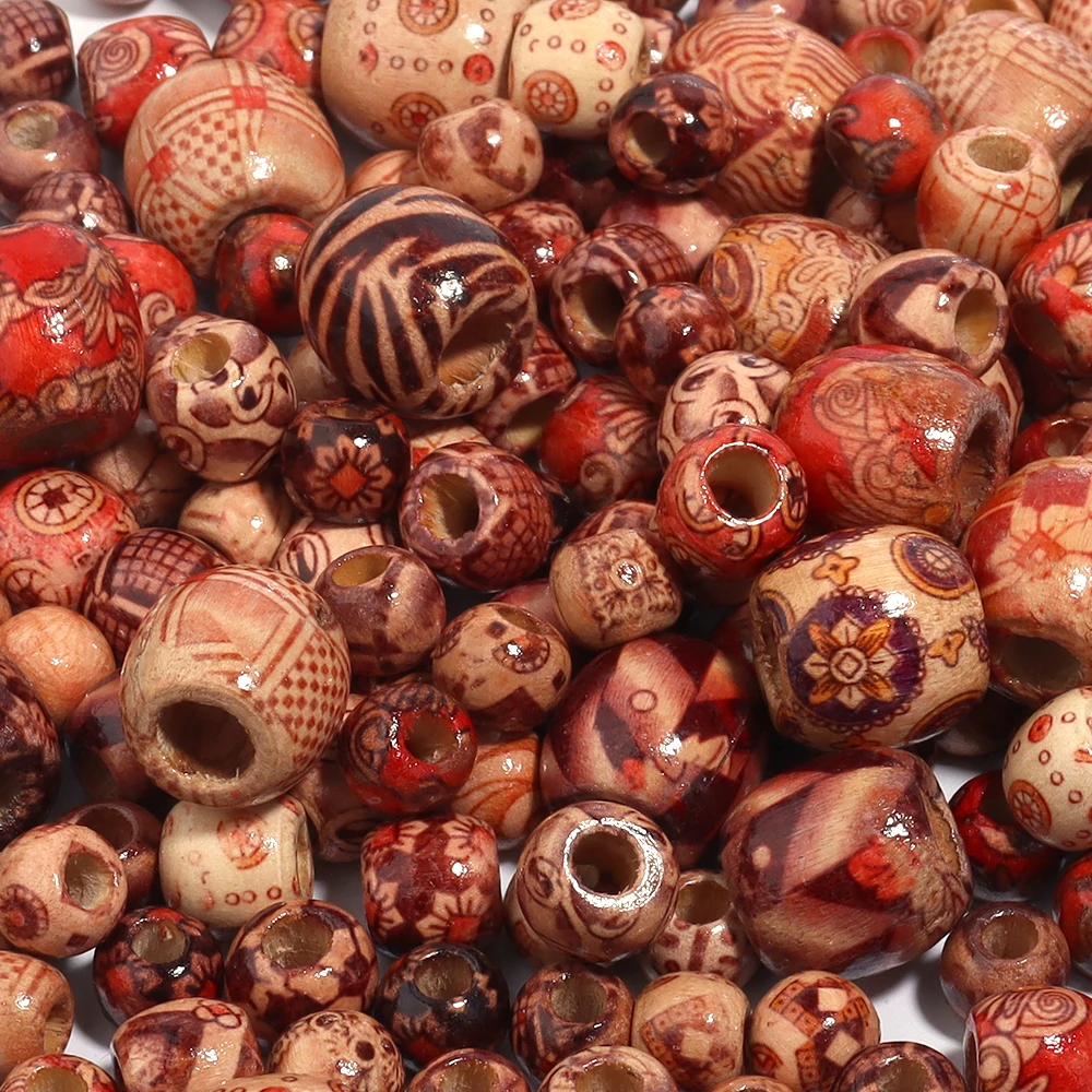 50-100 قطعة/الوحدة رسمت الخرز الخشبي الحفرة الكبيرة فاصل فضفاض الخرز المستديرة لصنع المجوهرات قلادة سوار ذاتي الصنع إكسسوارات الشعر