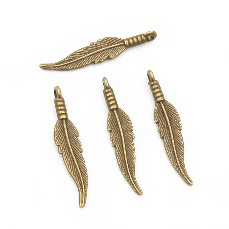 30pcs 31x6.5mm Feather Charms Pendants Bronze Antique Silver Plated KC Gold DIY Jewelry Making Findings for Necklace Bracelet