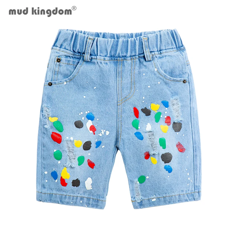 Mudkingdom Big Boys Jean Shorts Colorful Graffiti Ripped Knee Length Denim Shorts for Kids Clothes Slant Pocket Elastic Waist