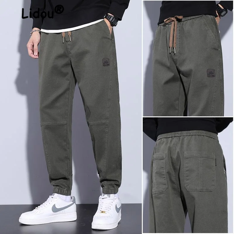 

Classic Pure Cotton Casual Waist Drawcord Cargo Pants High-quality Loose Fashion Embroidered Youth Handsome Male Trousers 2023