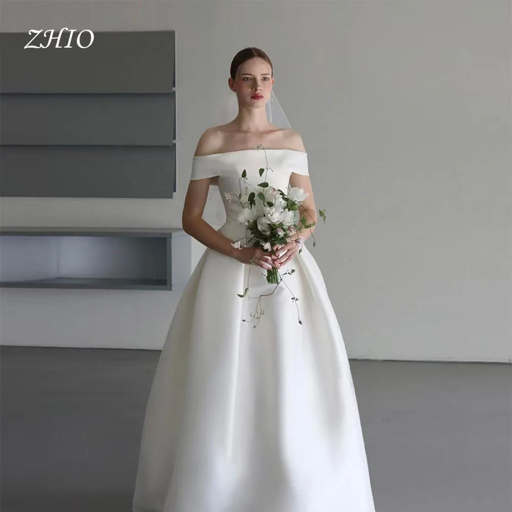 ZHIO Elegante abito da cerimonia nuziale in taffettà bianco con spalle scoperte A-Line Corea Servizio fotografico Abito da ricevimento nuziale personalizzato Garona