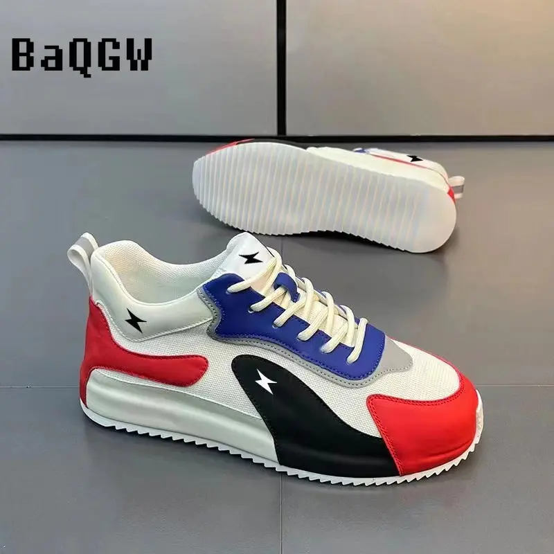 Fashion Leather Canvas Breathable Color Block Running Men Casual Shoes Luxury Sneakers Height Increased Platform Board Shoes