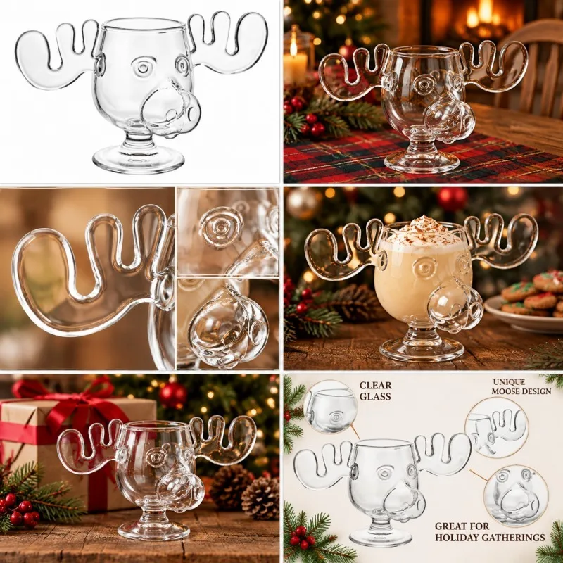 Creative Moose Glass Mug with Antler Handles, Novelty Animal Face Drinking Cup, Unique Home Bar Decor Gift