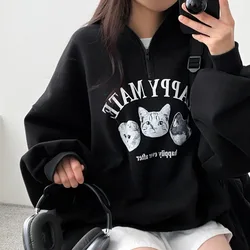 Women Hoodies Office Lady Loose Coat Hooded Sweatshirts Cartoon Cat Printed Pullover 2024 Spring Femal Thicken Clothes