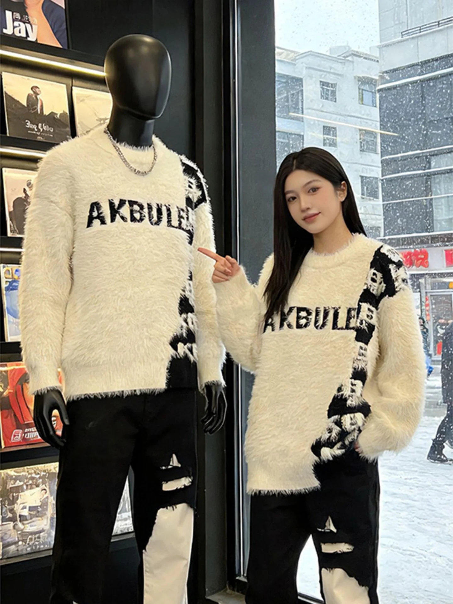 

Мужской вязаный свитер American Sle Trendy Letter: Зимний, высококачественный, уютный, в стиле Lazy Sle, с имитацией меха кашемира