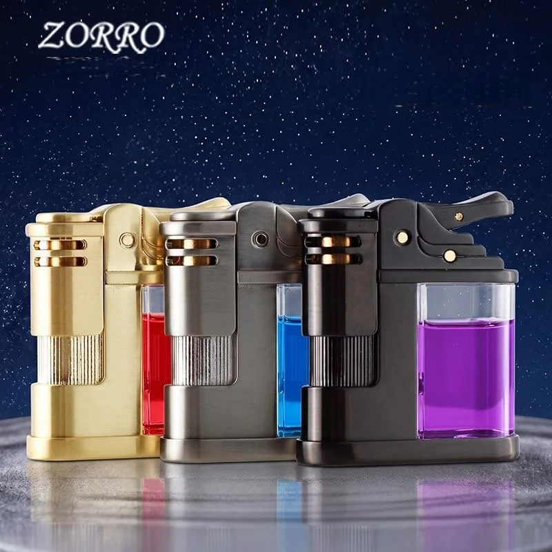 2026 ZORRO Metal Creative Transparent Oil Tank Kerosine Lighter Press One Button Launch Ignition Outdoor Windproof Lighters Gift