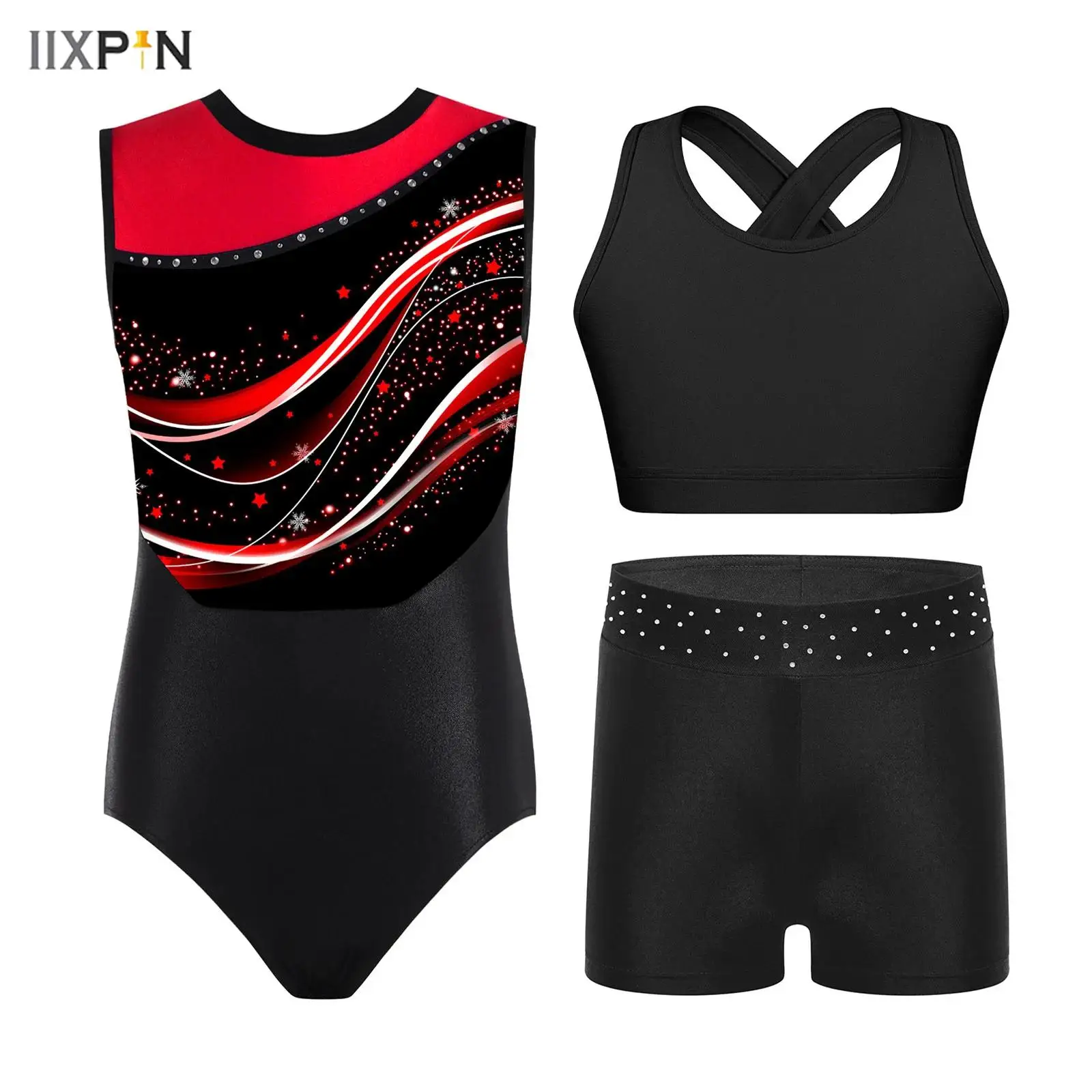 

Kids Girls Figure Skating Gymnastics Dance Bodysuit Outfit Fashion Color Block Print Leotard with Shorts and Hair Band 3Pcs/Set