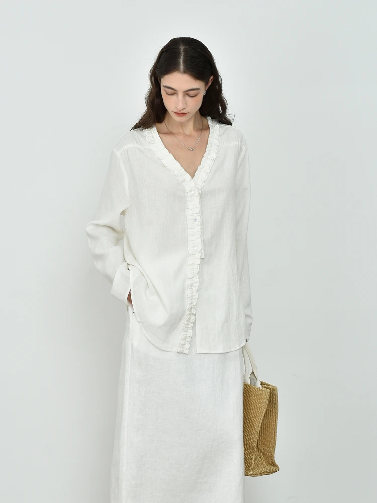 

Романтичная льняная рубашка из смесового лиоцелла, легкая, прозрачная, с V-образным вырезом, защита от солнца, свободный крой, длинный рукав, однотонная, на пуговицах