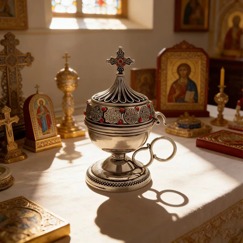 Silver Tone Catholic Tabletop Censer with Celtic Knot, Red Gemstones and Cross Top for Home Altar Incense Burning Religious Gift