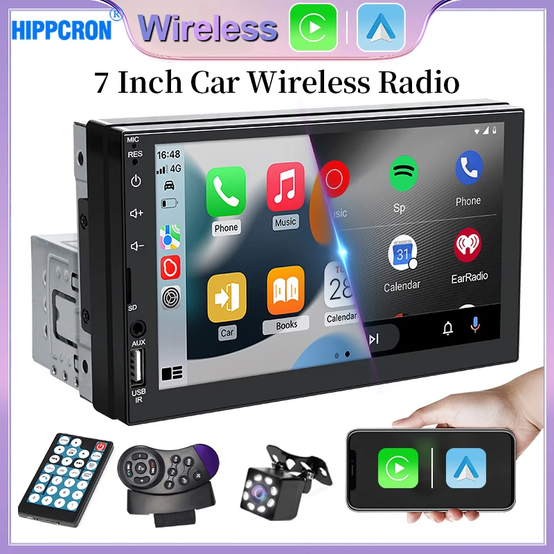 Автомобильный радиоприемник Hippcron Carplay Android Auto Radio 7 дюймов 1din Сенсорный экран FM AUX Вход Bluetooth Mirror Link Автомобильная интеллектуальная система