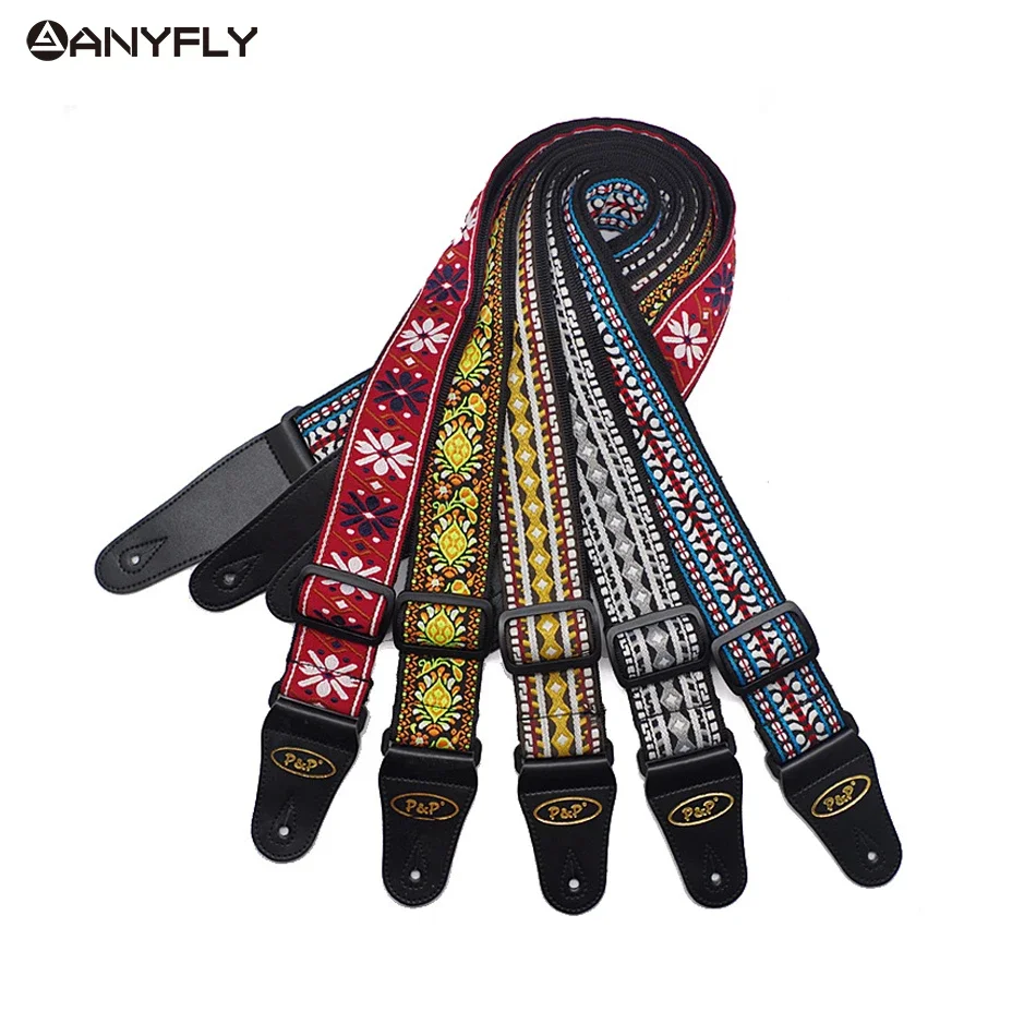 Acoustic Electric Guitar Strap Embroidery Ethnic Style National Wind Adjustable Leather Ends Musical Accessories Straps