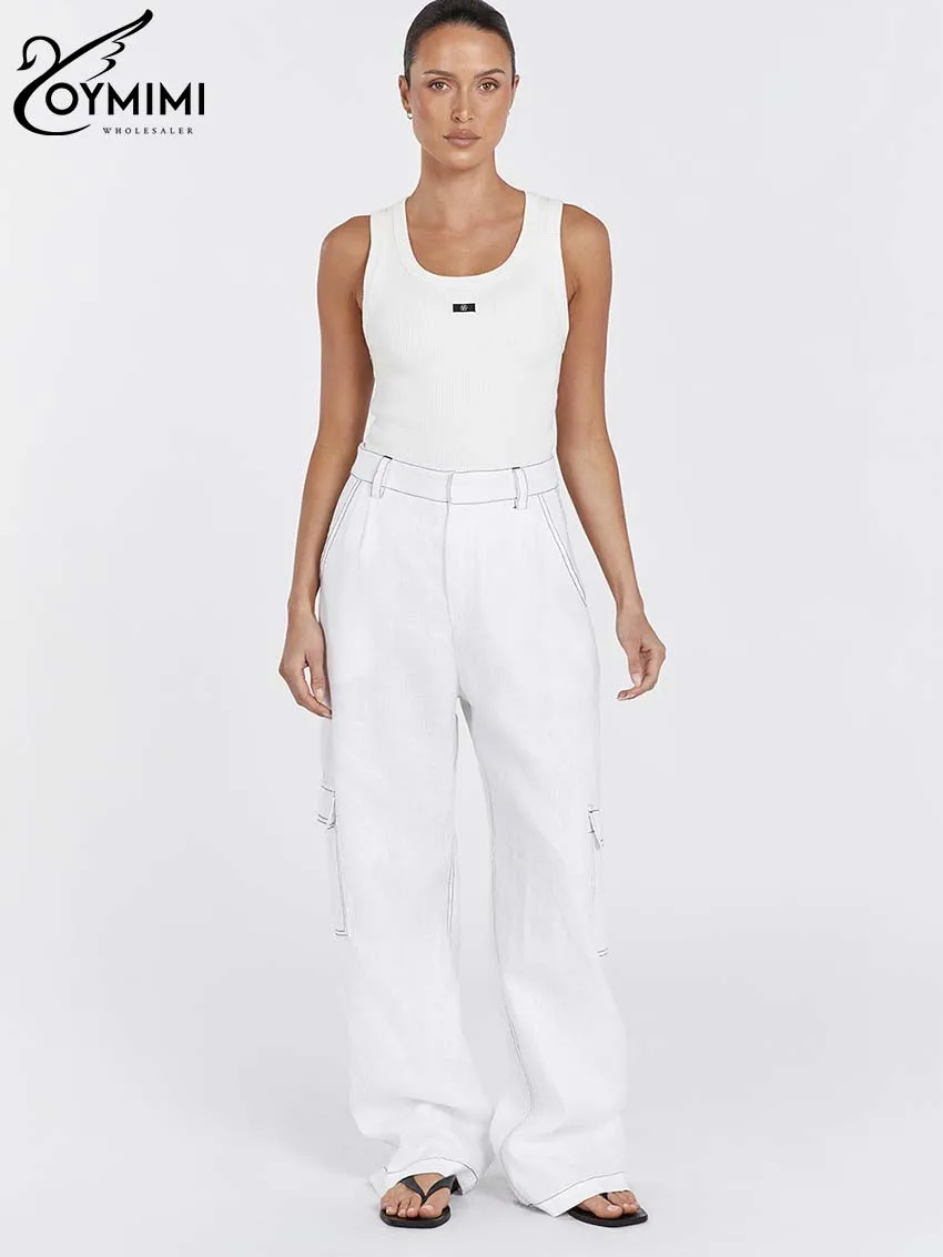 Oymimi Casual White Cotton Two Piece Set For Women Fashion Button Pockets Slip Tops And High Waist Straight Trousers Female Sets