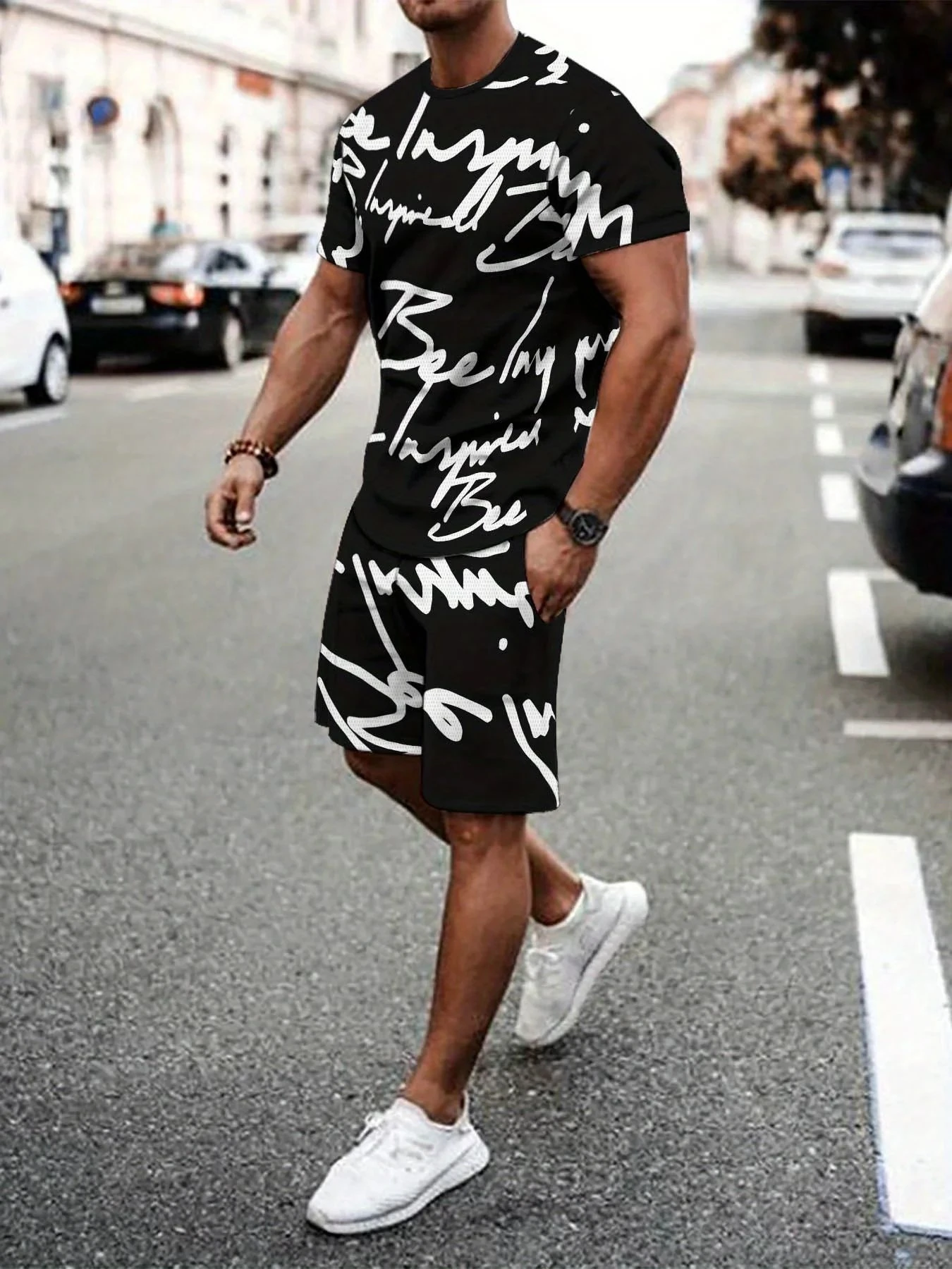 

Men's new trendy 3D personalized graffiti short sleeved shorts set outdoor casual breathable two-piece set