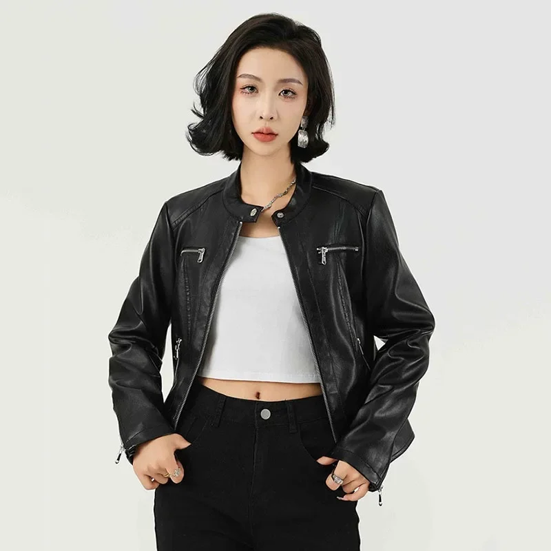 2025 Women's Fashion Trend Simple Autumn Winter Analog Collar Zipper PU Leather Motorcycle Jacket