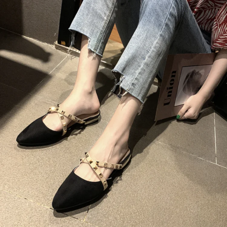 2023 Female Summer Wear Pointed Toe Wrapped Half Slippers Female Low Heel Willow Nail Sandals Female Low Heel Muller Slippers