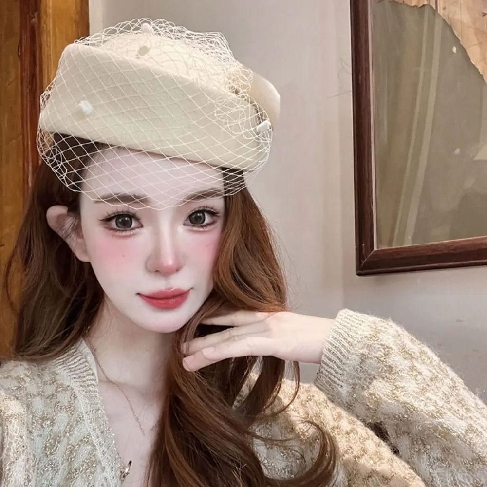 Модная шерстяная шляпа с бантом в британском стиле и вуалью, кашемировая милая кепка стюардессы, элегантное украшение для фотографии, шляпа-таблетка, ужин