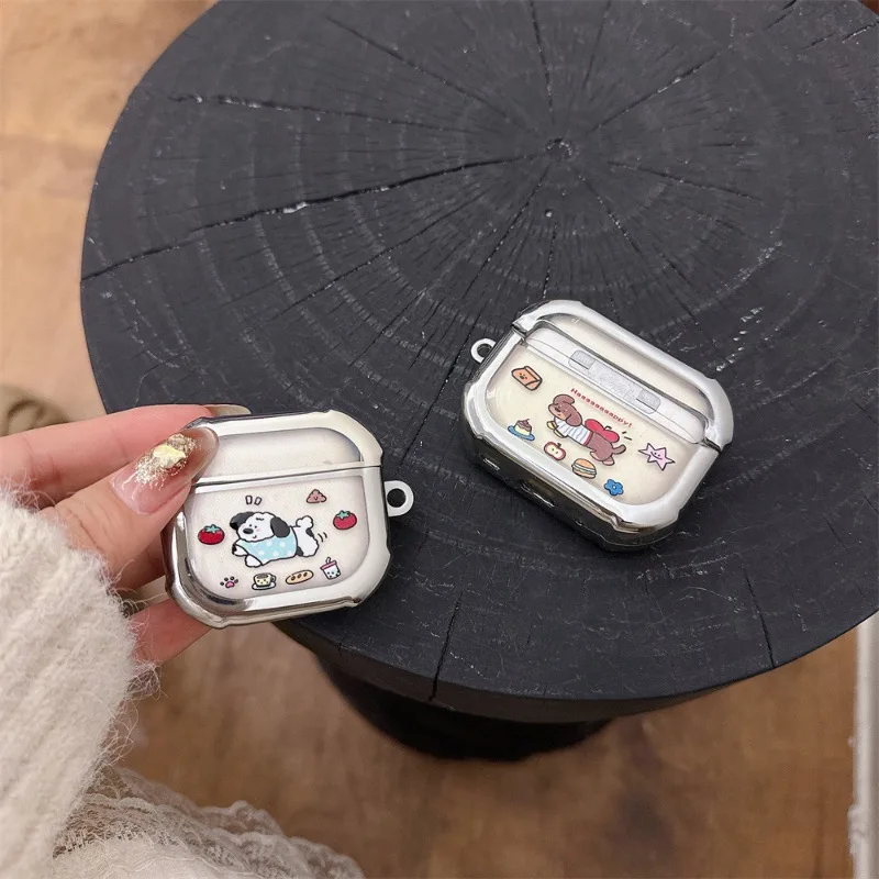 

For AirPods Pro2 4 3 2 1 Pro3 Cover Electroplated Frame Hand-drawn Cute Puppy Transparent Headphones Case Charging Box Funda