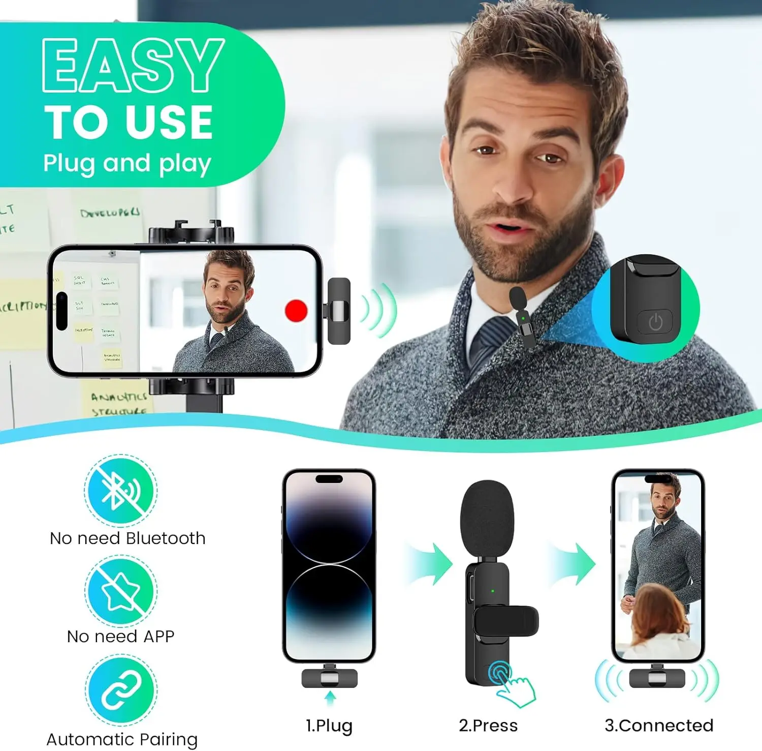 Lavalier Wireless Microphones For iPhone iPad Mini Lapel Microphone for Recording Live Streaming YouTube Interview TikTok Vlog