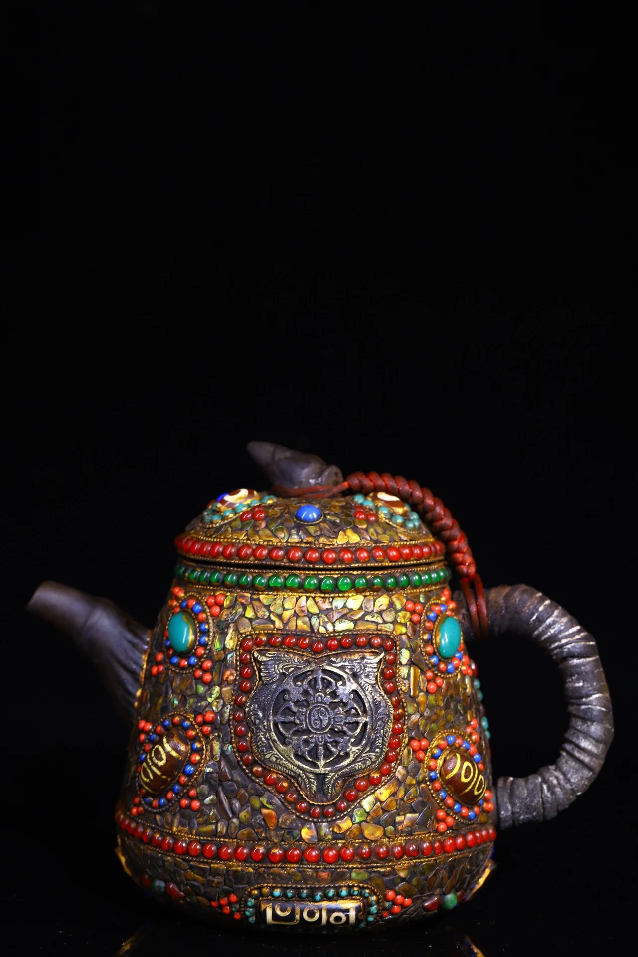 

7"Tibetan Temple Collection Old Purple Clay Kettle filigree Mosaic Gem gZi Beads Shell Painted Butter pot Tibetan Kettle Teapot