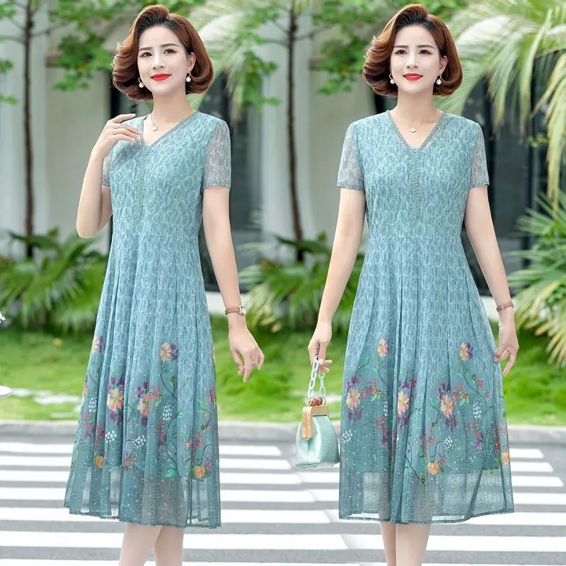 Elegant Floral Print Office Lady Dress Summer V neck Long Dress Short Sleeve Women Party Dresses