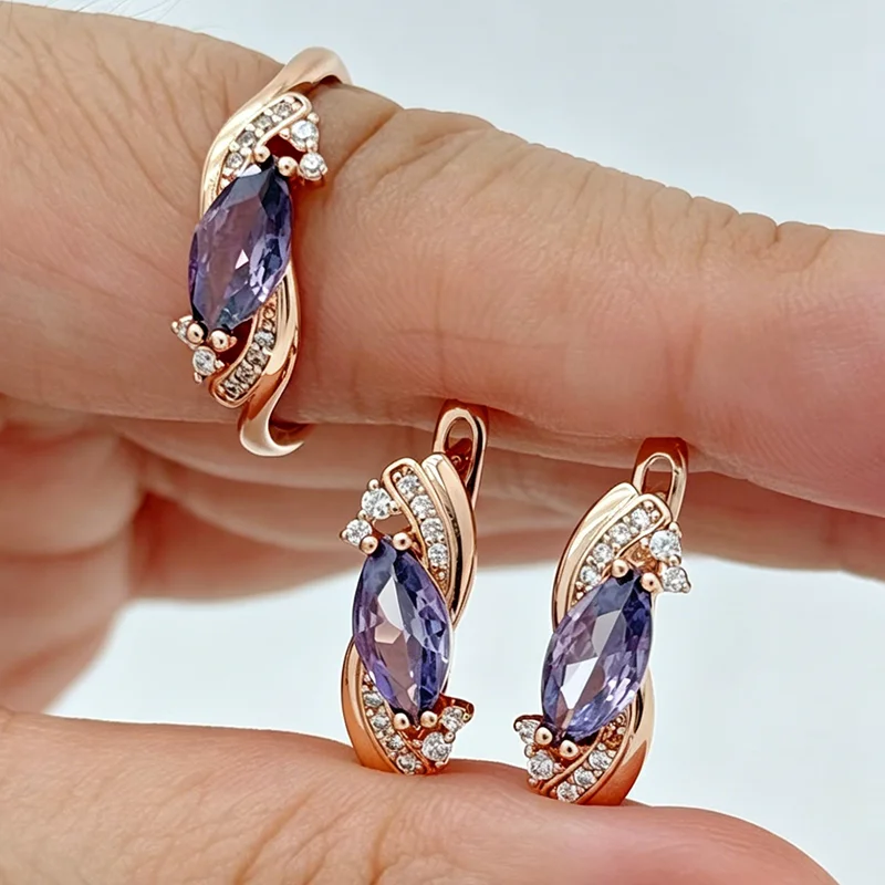 Kinel Fashion 585 Roségoldfarbene Ring-Ohrringe für Damen, glänzendes Lila, natürlicher Zirkon, Accessoires, hochwertiger Alltagsschmuck