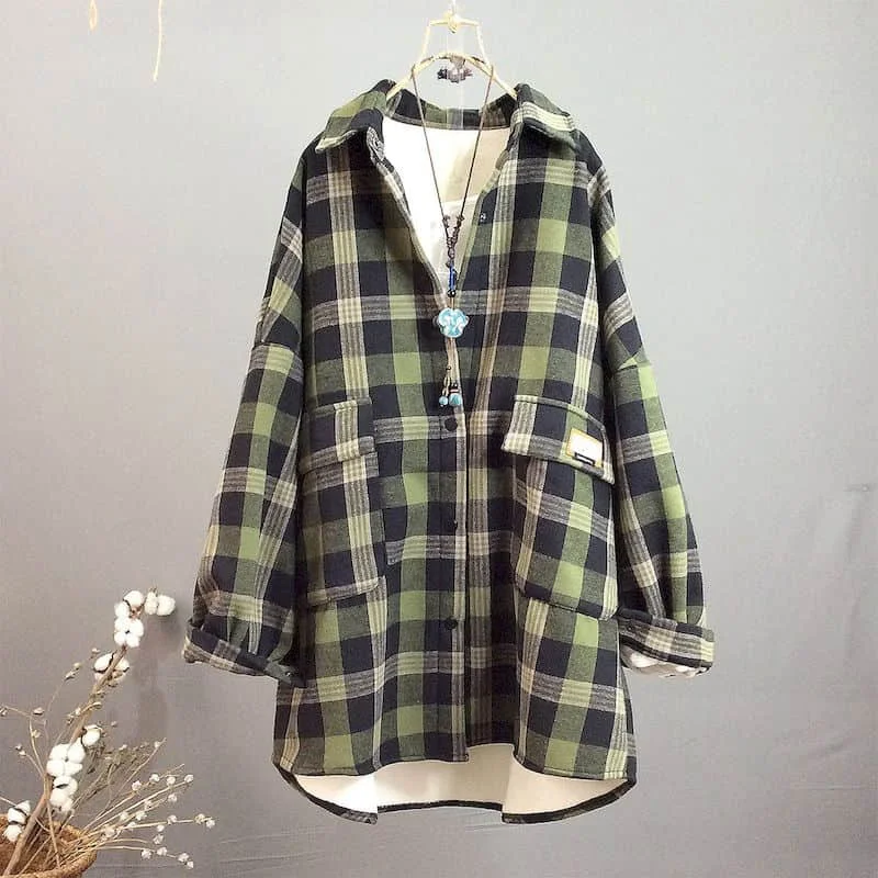 Brushed Shirts for Women Vintage Oversized Jackets Long Sleeve Plaid Plush Thickened Mid Length Blouse Korean Style Women Tops