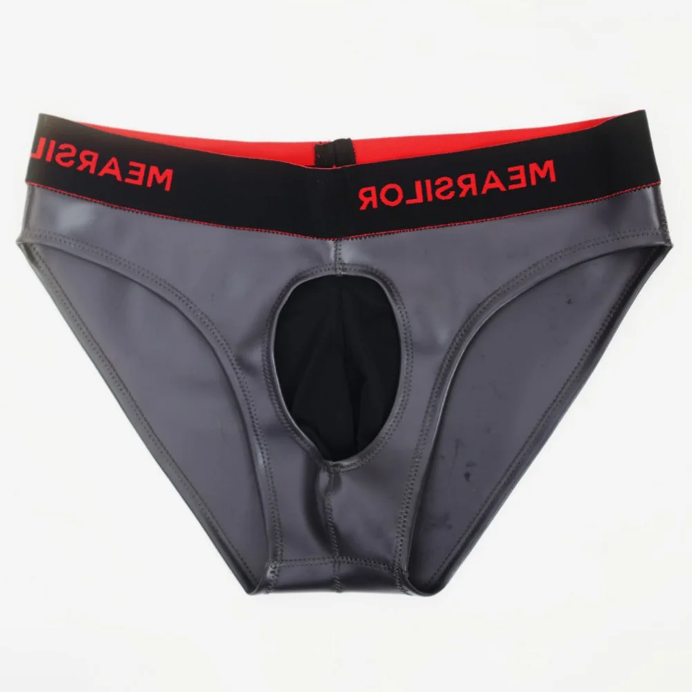 

Men Faux Latex Mesh Bulge Pouch Briefs Underwear Low Rise Patent Leather Panties U Convex Briefs Sexy Lingerie G-string Underpan