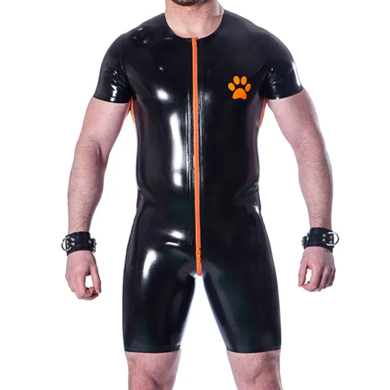 Black and Orange Sexy Latex Catsuit with Zipper Stripes Puppy Rubber Surfsuit Dog Uniform Bodysuit Zentai Overall 