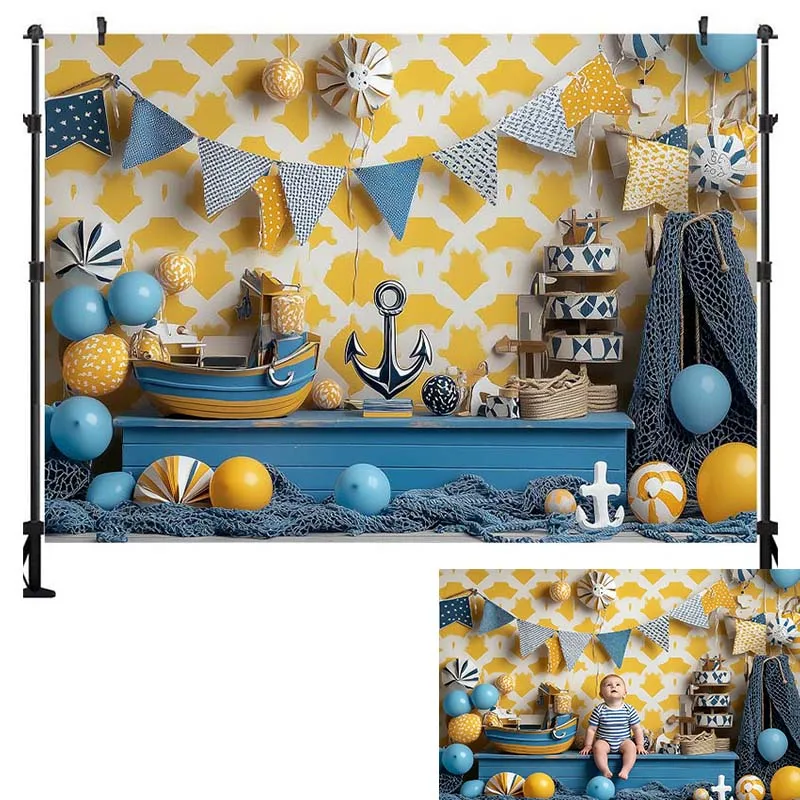 LS Summer Sail Boat Blues Backdrops Kids Adult Photography Baby Child Birthday Cake Smash Decors Boy Ship Captain Backgrounds