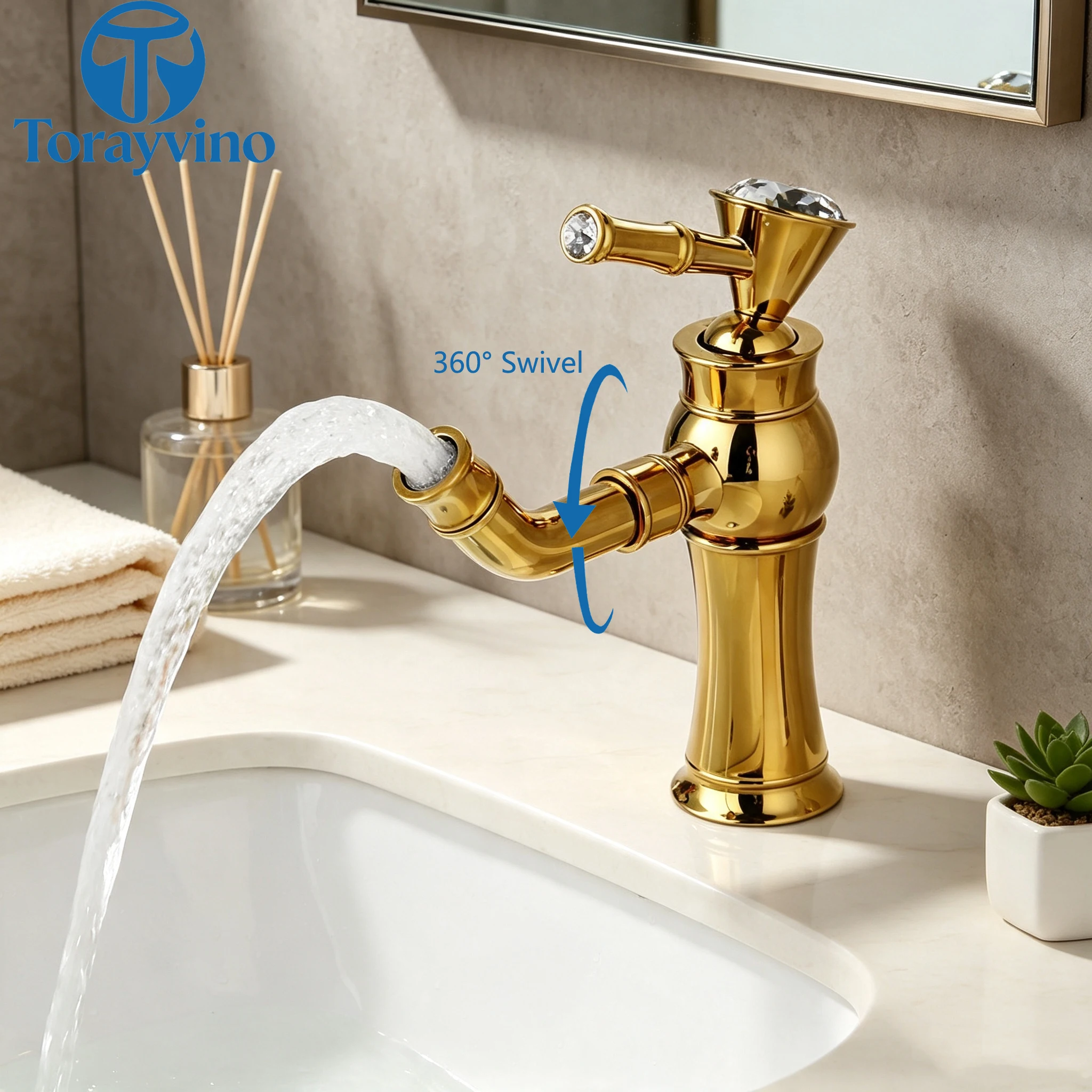 Torayvino Luxury European Black Gold Antique Diamond Bathroom Basin Faucet Vessel Sink 360 Swivel Spout Faucets Bath Mixer Tap
