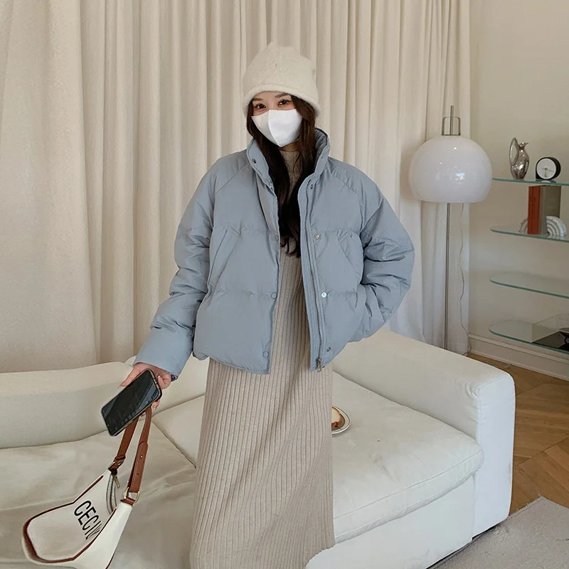 

2025 New Arrival Winter Zipper ort Puffer Women's Bread Sle Cotton down Coat Blue Color Korean Version