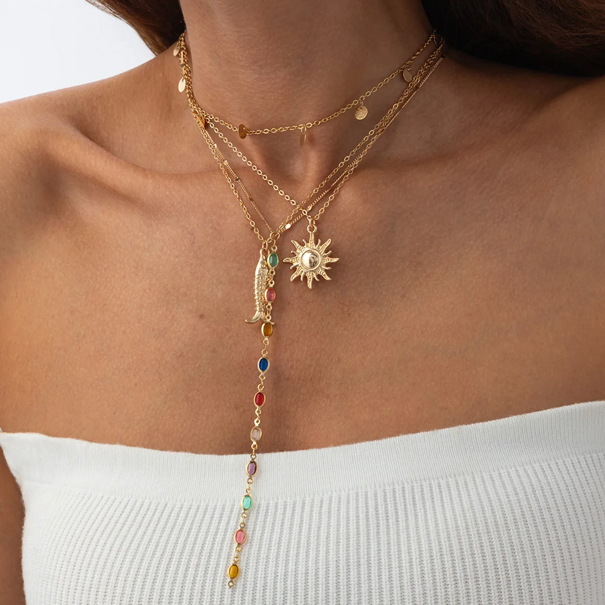 

ZAA Trend Women Jewelry Vintage Metal Sunflower Pendant Layered Link Chain Resin Tassel Dangling Necklace Charm Girl accessories