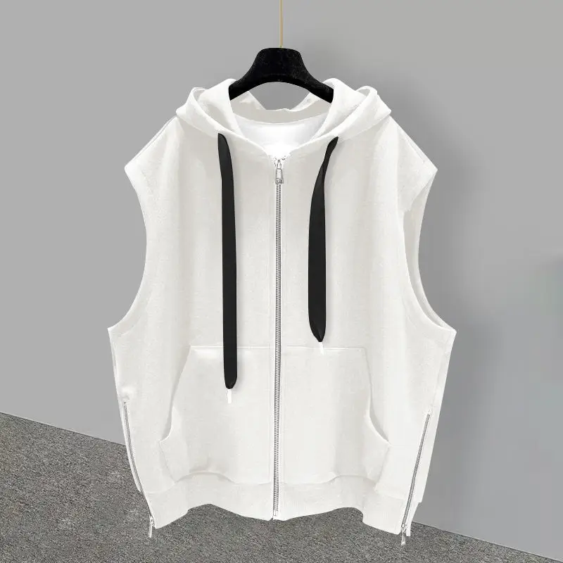 2024 Elegant Fashion Harajuku Slim Fit Male Clothes Loose All Match Casual Tshirts Solid Zipper Sleeveless Cardigan Hooded Vest