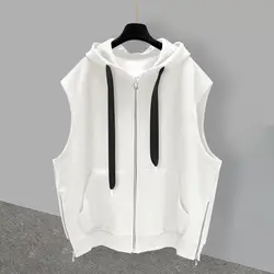 2024 Elegant Fashion Harajuku Slim Fit Male Clothes Loose All Match Casual Tshirts Solid Zipper Sleeveless Cardigan Hooded Vest