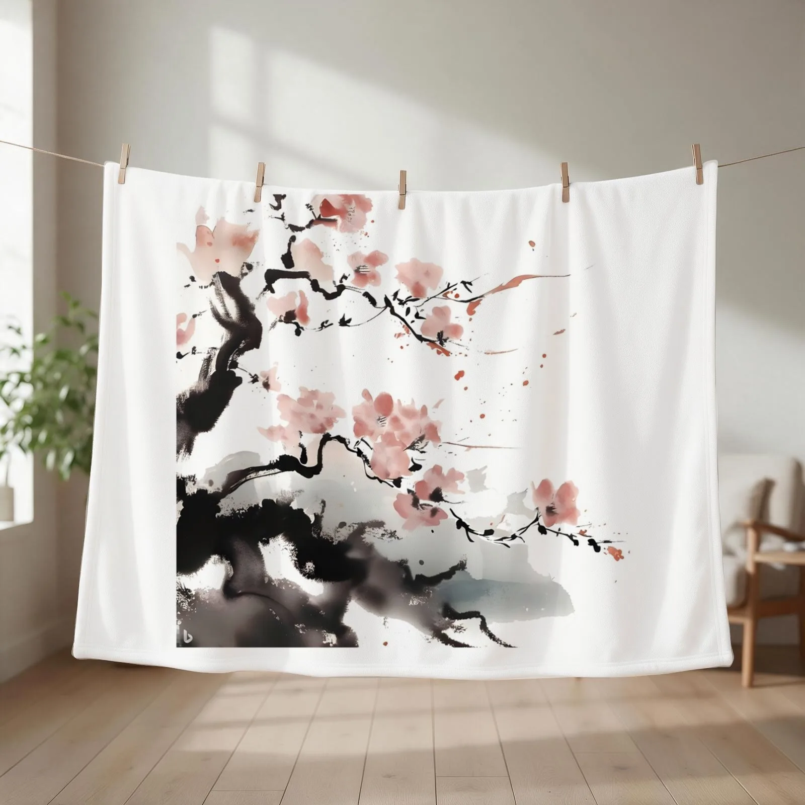 Cherry blossom with Japanese ink Throw Blanket couch cozy soft plush fuzzy picnic outdoor blanket