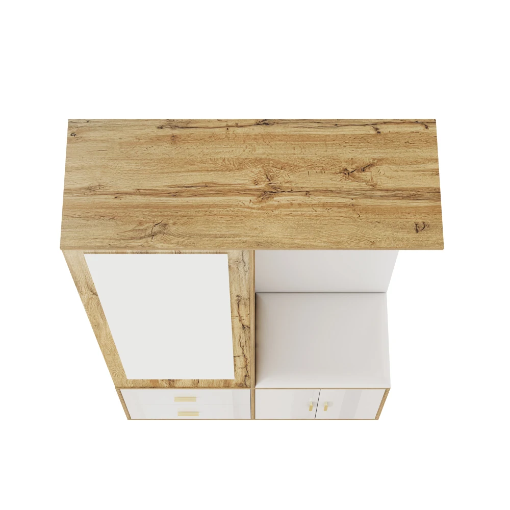 PINGGO Edles Garderoben-Set mit Spiegel, Schuhschrank, Schuhbank mit Haken, ausziehbarer Kleiderstange in Weiß und Holzfarben – Detail 24